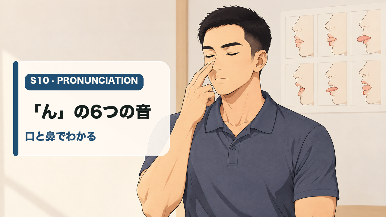「ん」の音を聞き分けるケイゴと六つの発音図