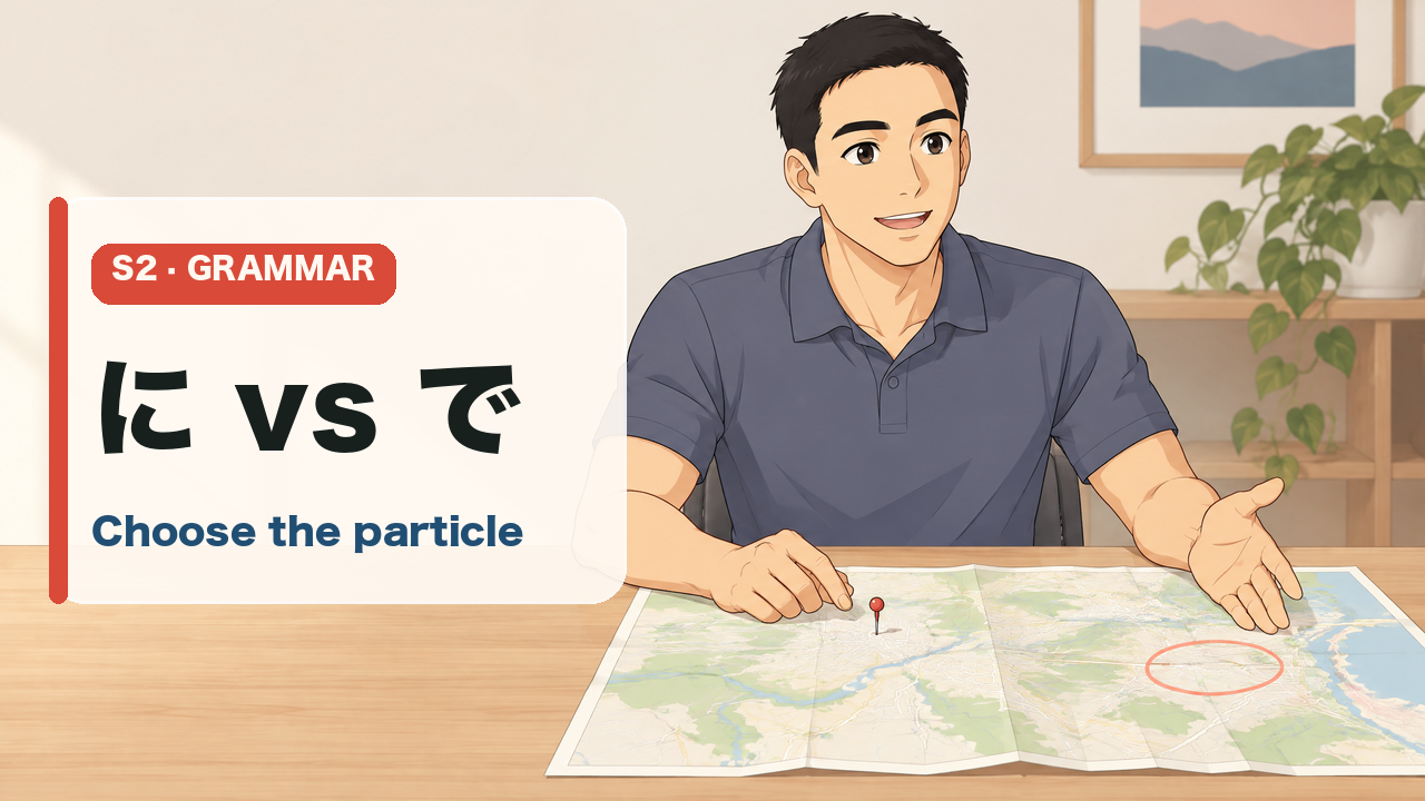 Keigo compares に and で beside a map pin and bookshelf