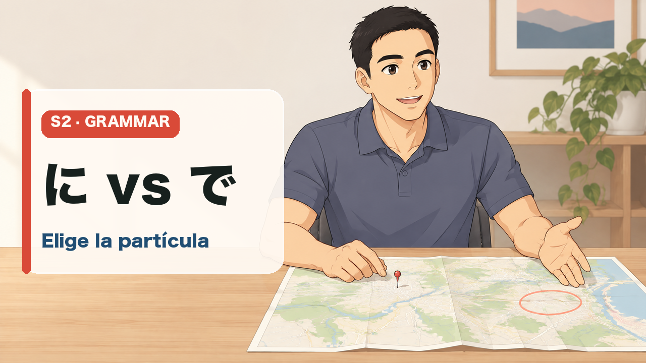 Keigo compara に y で junto a un marcador de mapa y una estantería