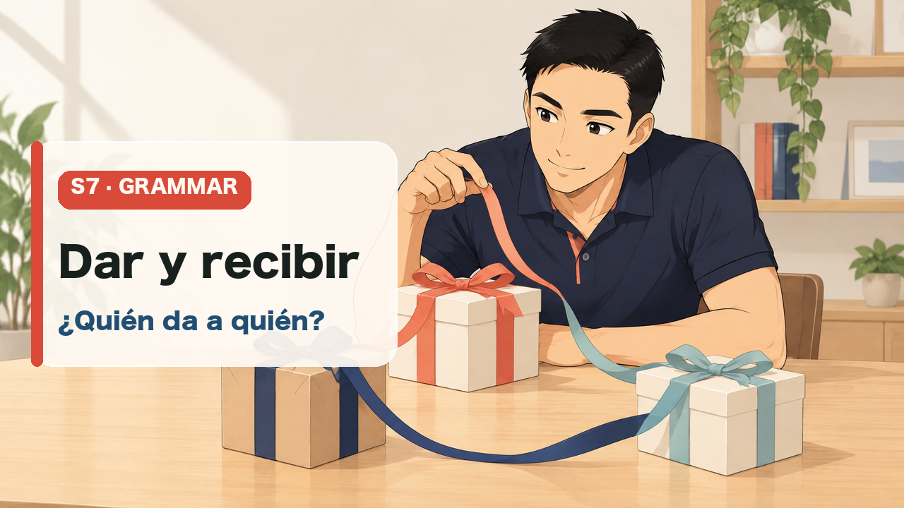 Keigo muestra あげる, もらう y くれる con regalos y flechas