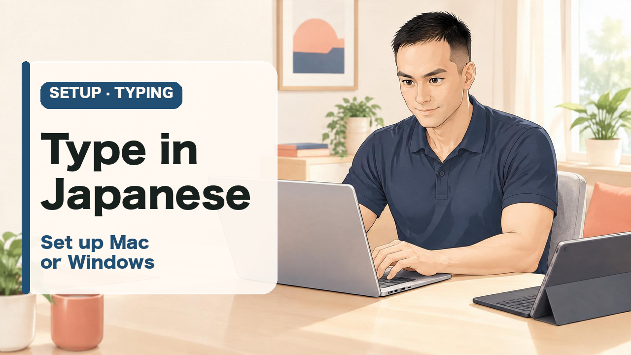 Keigo types Japanese on a laptop, with a tablet on the desk