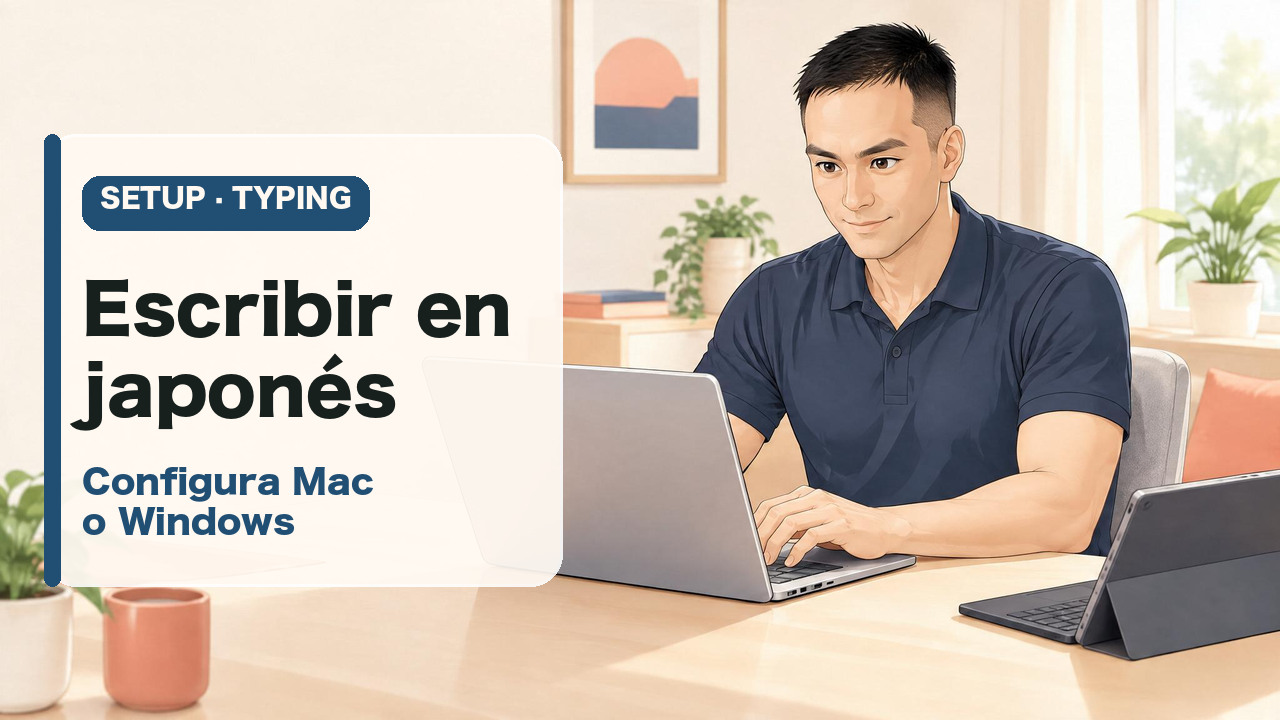 Keigo escribe en japonés en un portátil, con una tableta sobre la mesa
