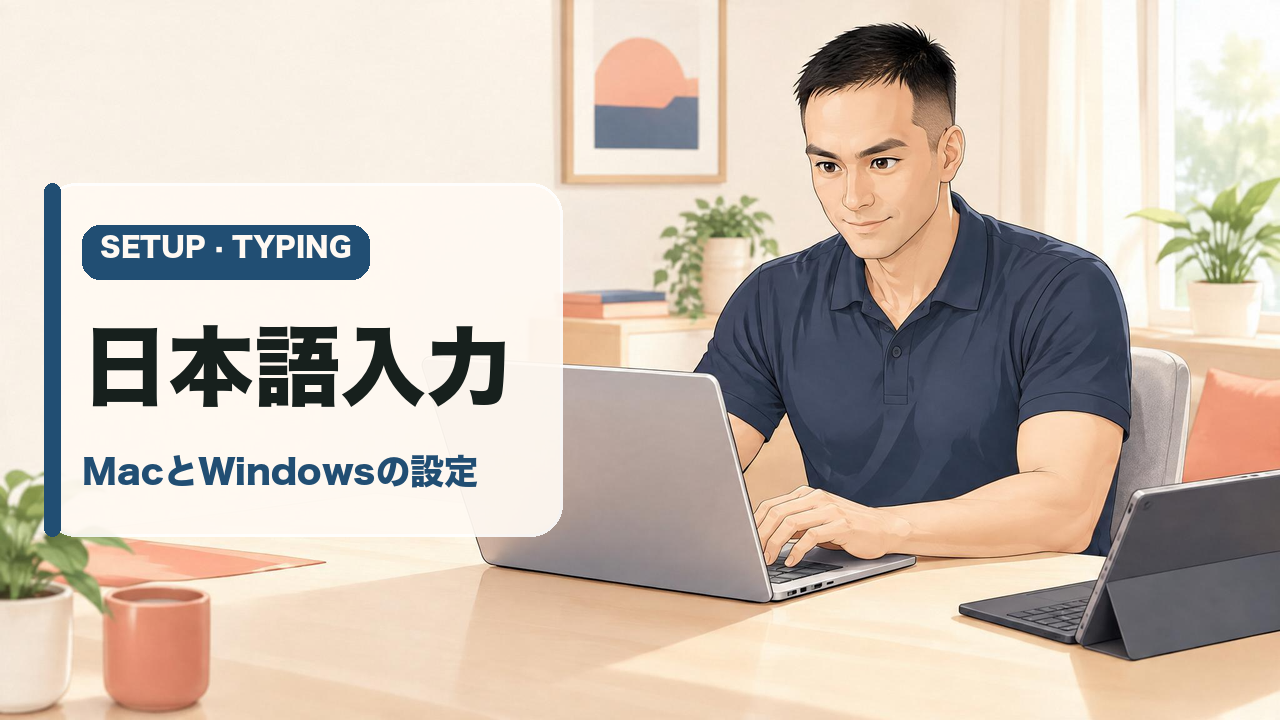 ノートパソコンで日本語を入力するケイゴと、机の上のタブレット